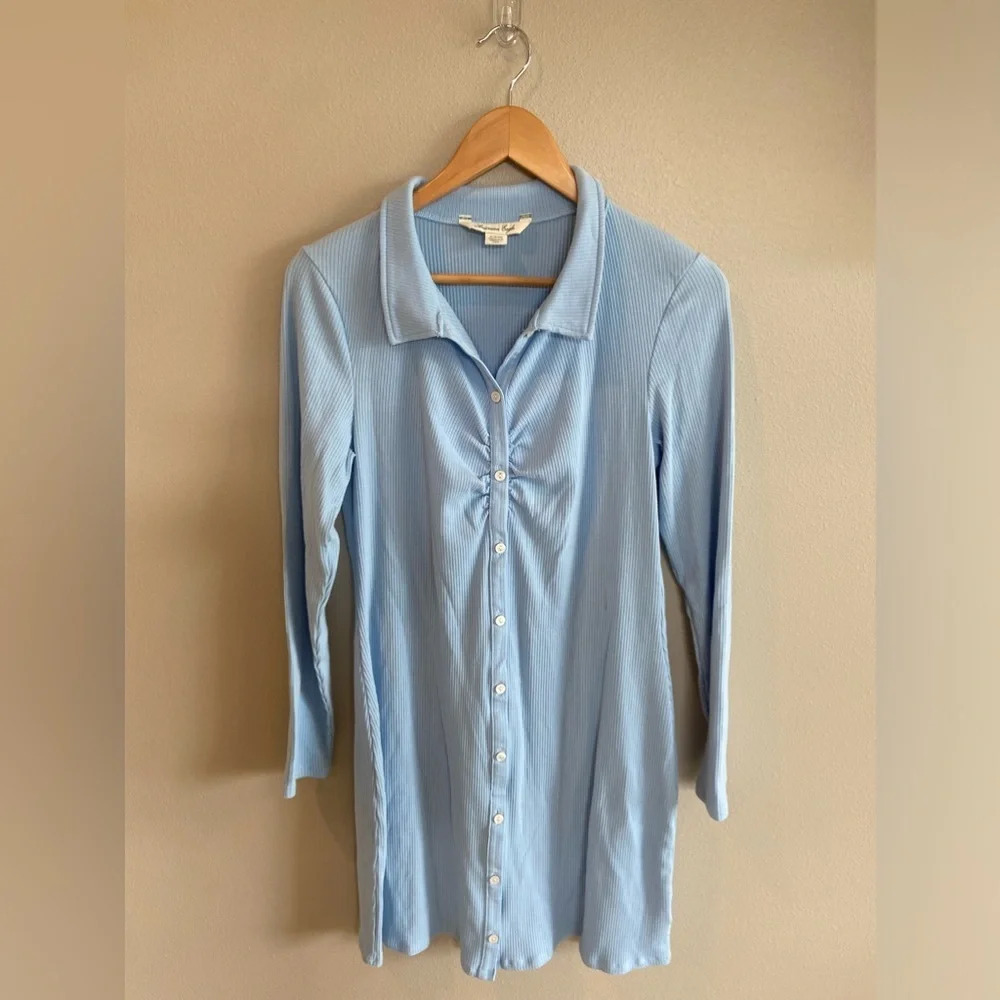 AMERICAN EAGLE Ribbed Knit Long Sleeve Midi Button‎ Up Dress Baby Blue XL